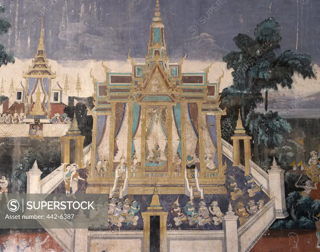Wall mural depicting the Ramayana story, Royal Pavilion, Phnom Penh, Cambodia