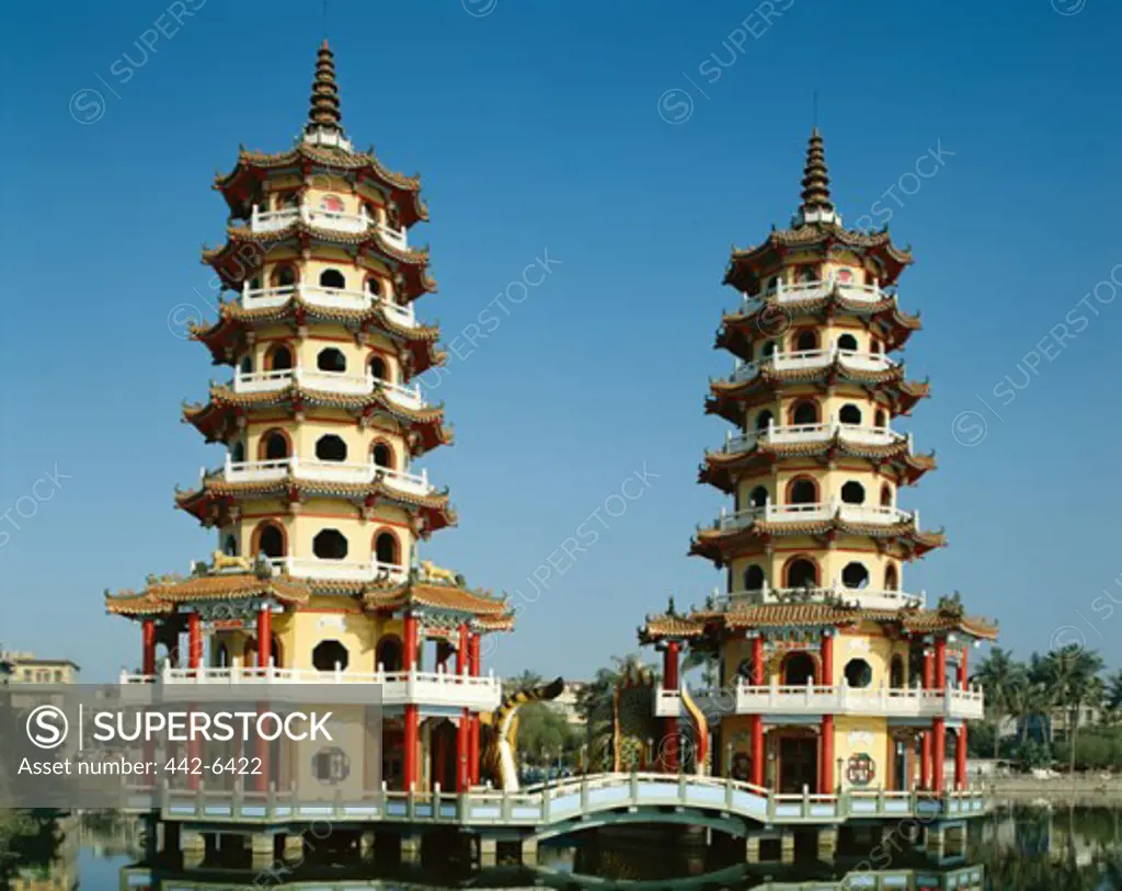 Facade of a pagoda, Dragon and Tiger Pagoda, Lotus Lake, Kaohsiung, Taiwan