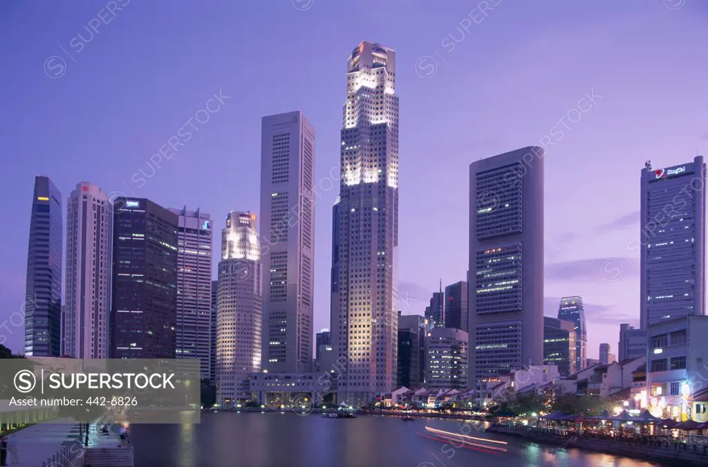 Skyscrapers lit up at night, Financial District, Clarke Quay and Singapore River, Singapore