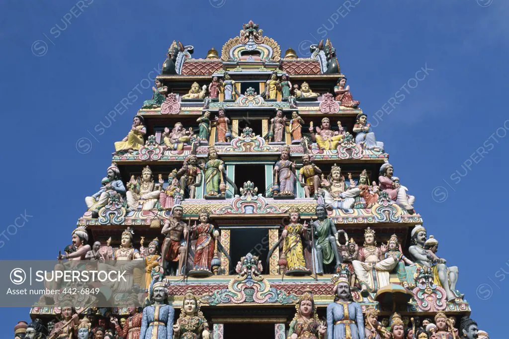 Low angle view of temple carvings, Sri Mariamman Temple, Chinatown, Singapore