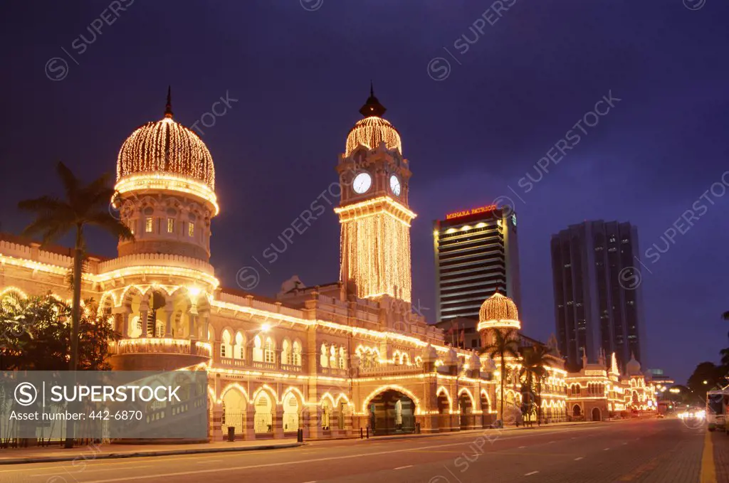 Government building lit up at night, Sultan Abdul Samad Building, Kuala Lumpur, Malaysia