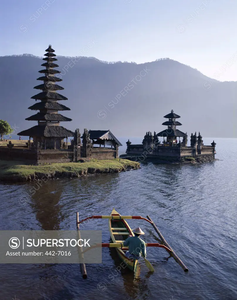 High angle view of a man in a boat, Pura Ulun Danu Temple, Lake Bratan, Bali, Indonesia