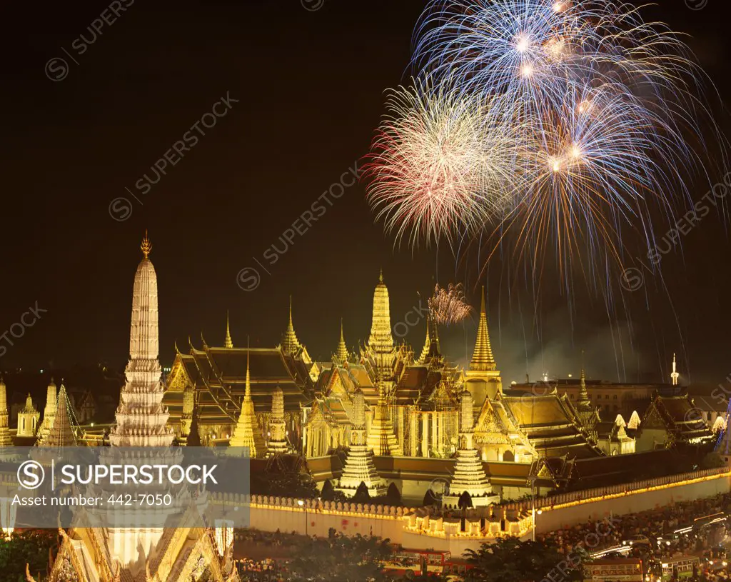 Fire works over a temple, Wat Phra Kaeo (Temple of the Emerald Buddha), Bangkok, Thailand