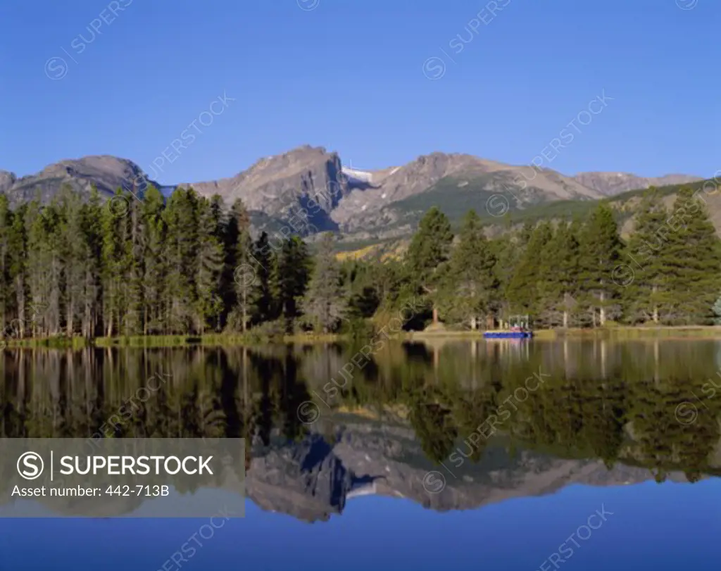 Reflection of mountains and trees in water, Sprague Lake, Rocky Mountain National Park, Colorado, USA