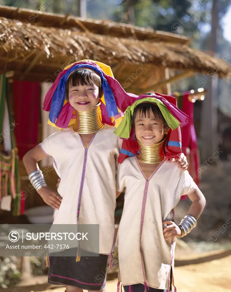 Portrait of two Padaung girls, Mae Hong Son, Golden Triangle, Thailand