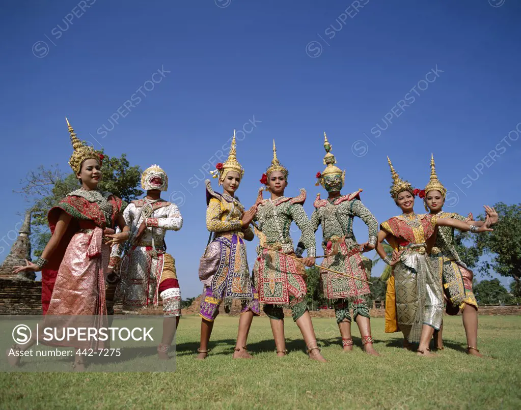 Lakhon and Khon dancers in traditional costumes performing a classical dance, Bangkok, Thailand