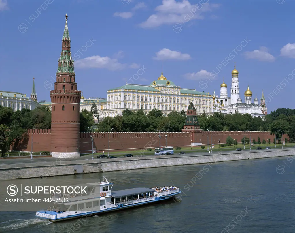 Tourboat near the Kremlin on the Moscow River, Moscow, Russia
