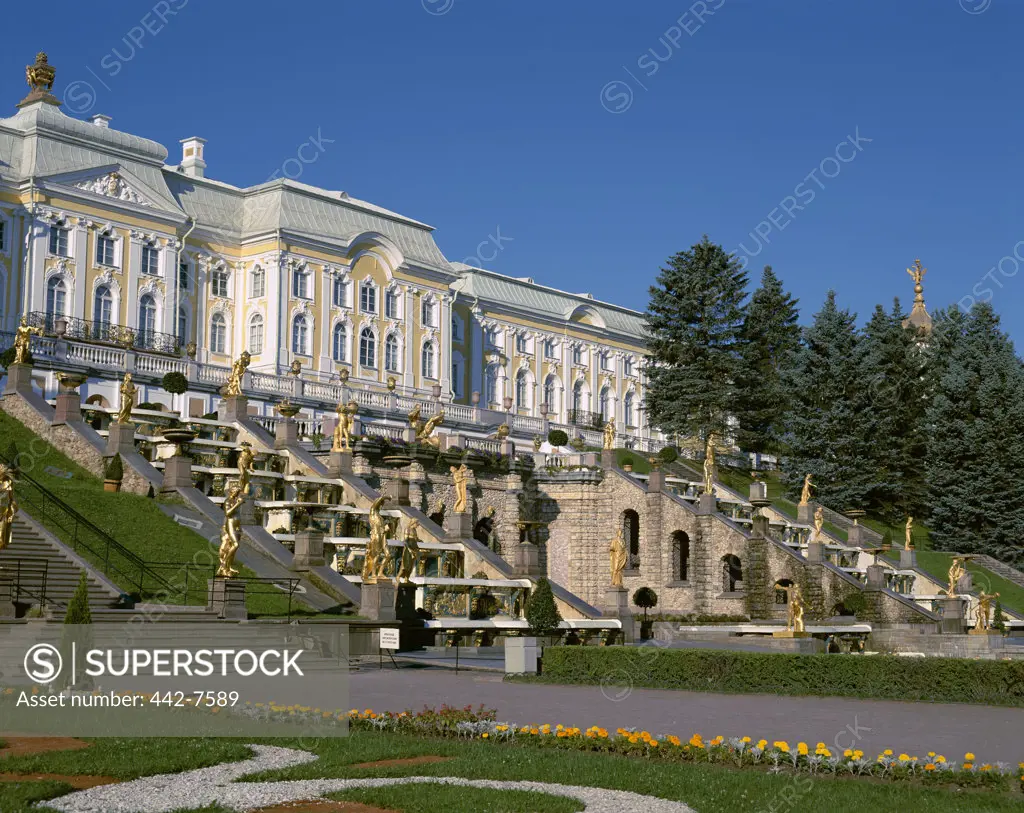 Statues in front of the Grand Cascade, Great Palace, Petrodvorets, St. Petersburg, Russia