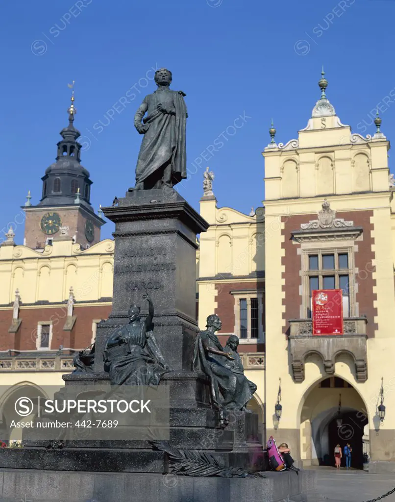 Adam Mickiewicz Statue and Cloth Hall, Main Market Square, Krakow, Poland