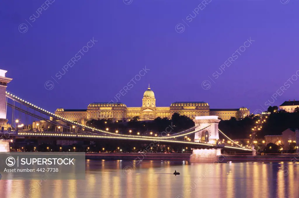Night, Royal Palace, Szechenyi Chain Bridge and Danube River, Buda, Budapest, Hungary