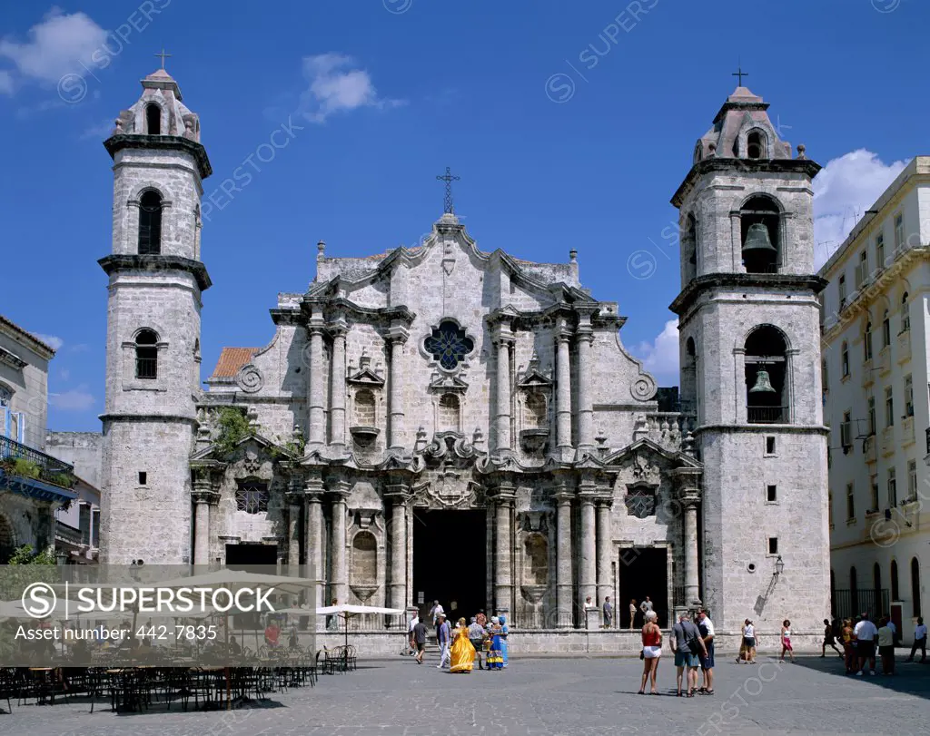 Tourists in front of a cathedral, San Cristobal Cathedral, Havana, Cuba