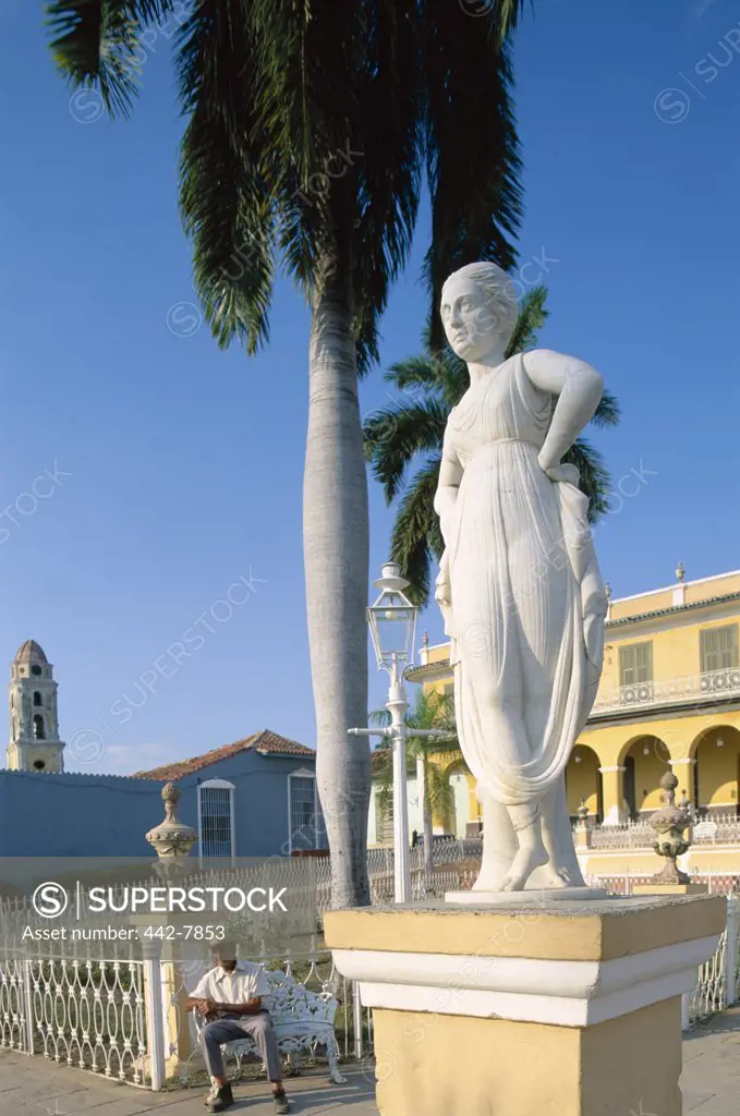 Low angle of a stone statue, Plaza Mayor, Trinidad, Cuba