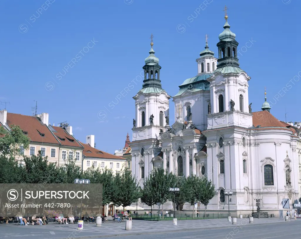 Facade of St. Nicholas Church and Old Town Square, Prague, Czech Republic