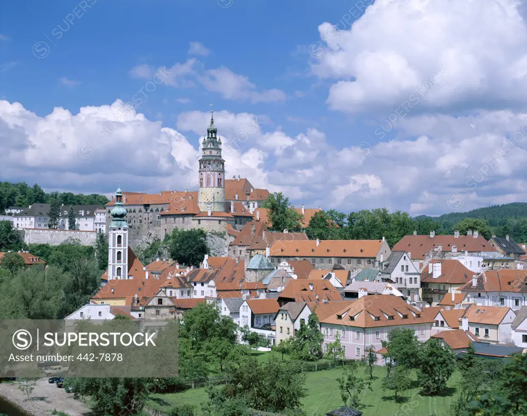 High angle view of the Old Town skyline, Cesky Krumlov, South Bohemia, Czech Republic