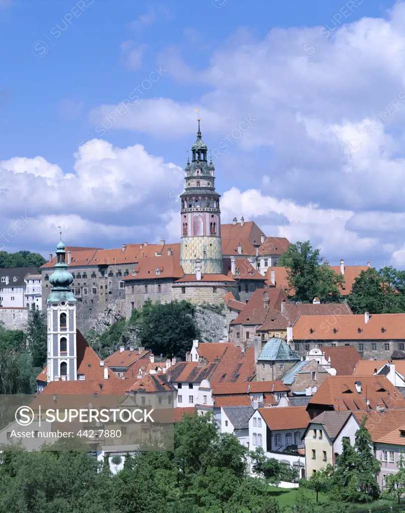 High angle view of the Old Town skyline, Cesky Krumlov, South Bohemia, Czech Republic