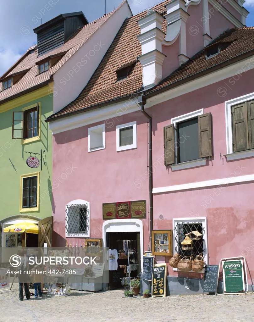 Low angle view of stores, Old Town, Cesky Krumlov, South Bohemia, Czech Republic