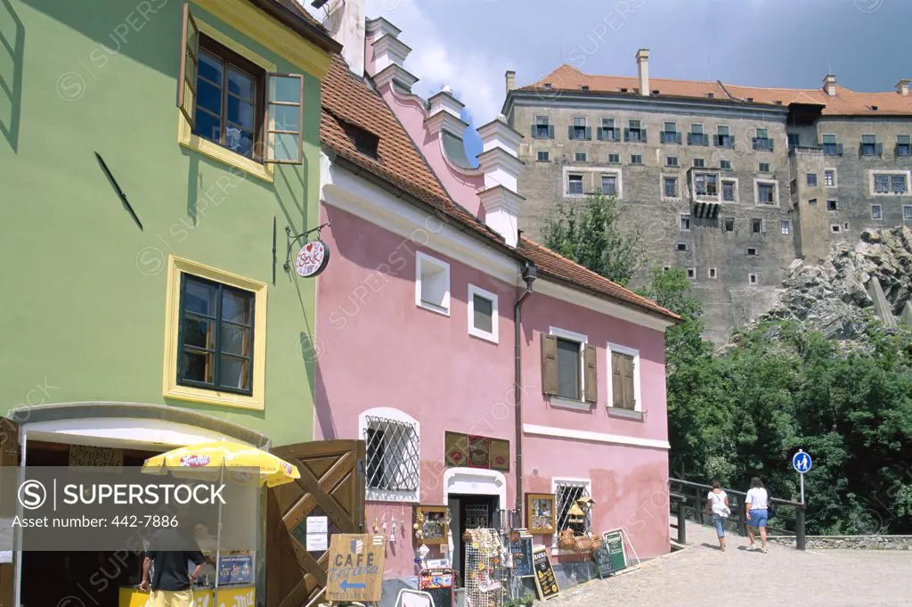 Low angle view of stores and the Castle, Old Town, Cesky Krumlov, South Bohemia, Czech Republic