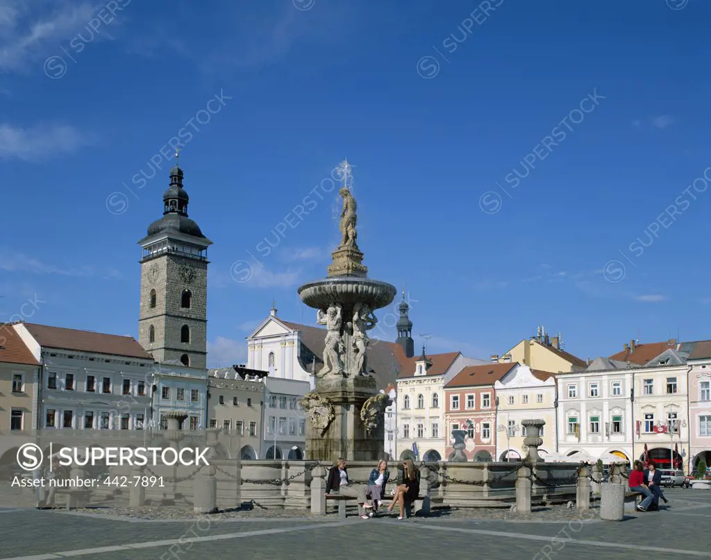 People in front of the Samson Fountain, Old Town Square, Ceske Budejovice, South Bohemia, Czech Republic