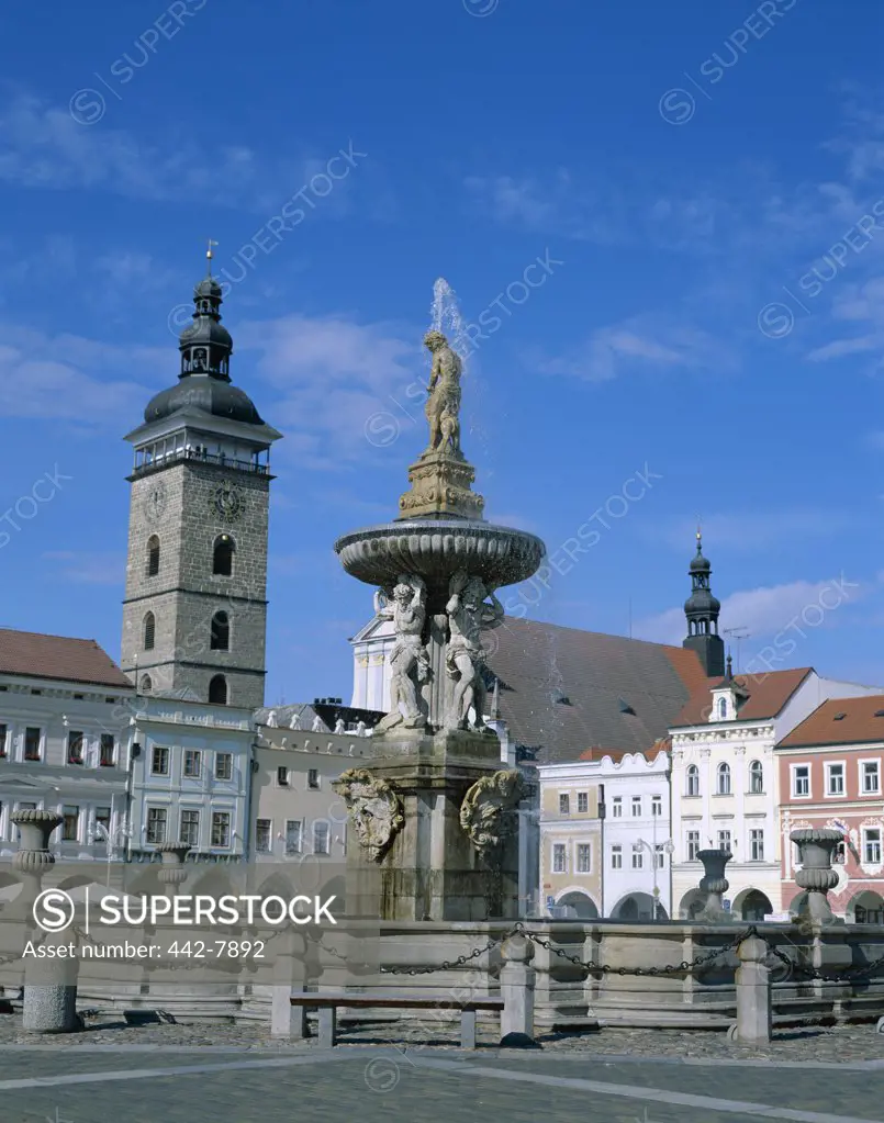 Low angle view of the Samson Fountain, Old Town Square, Ceske Budejovice, South Bohemia, Czech Republic