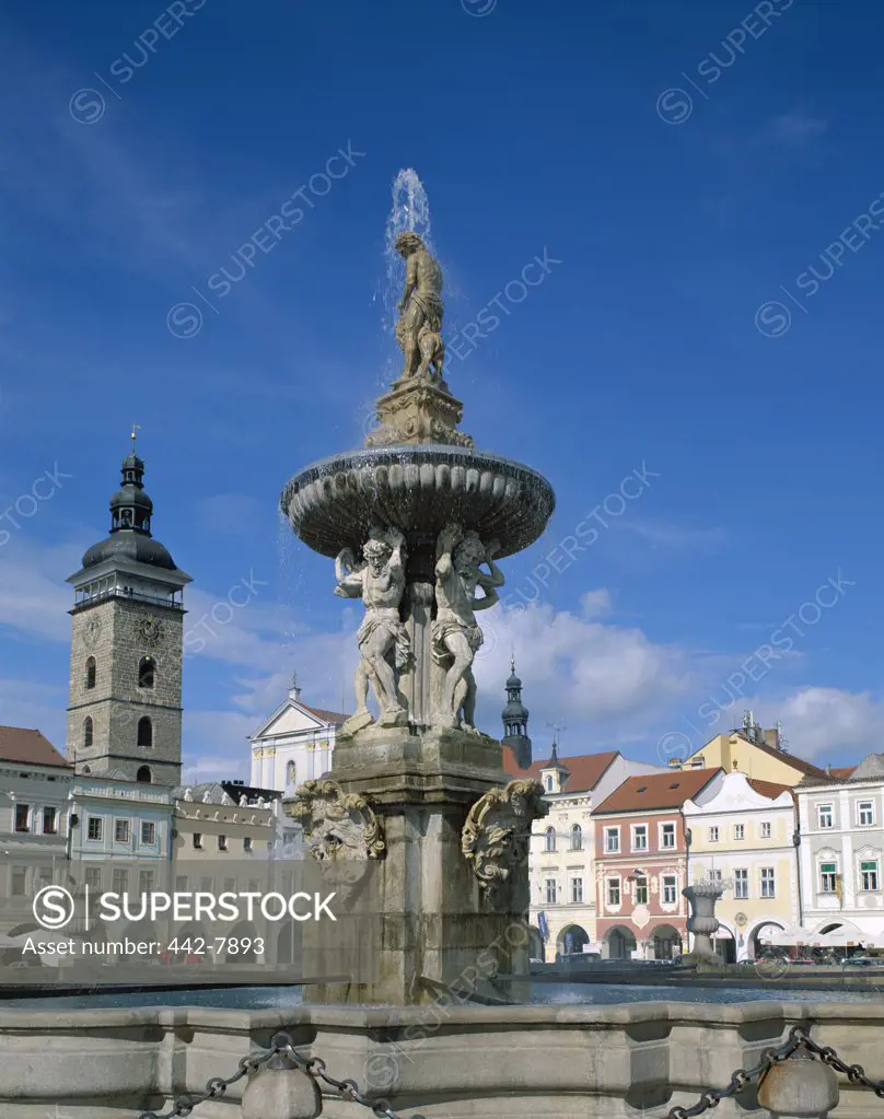 Low angle view of the Samson Fountain, Old Town Square, Ceske Budejovice, South Bohemia, Czech Republic