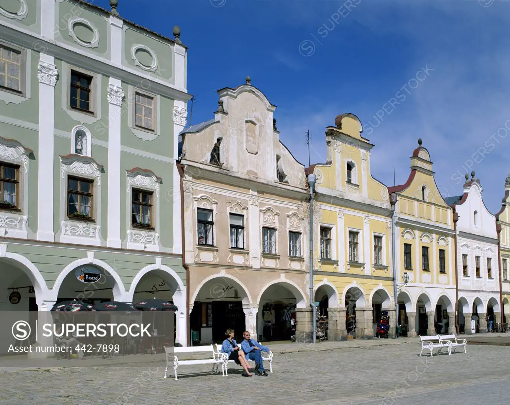 Facade of buildings at Zacharia Hradec Square, Telc, South Moravia, Czech Republic