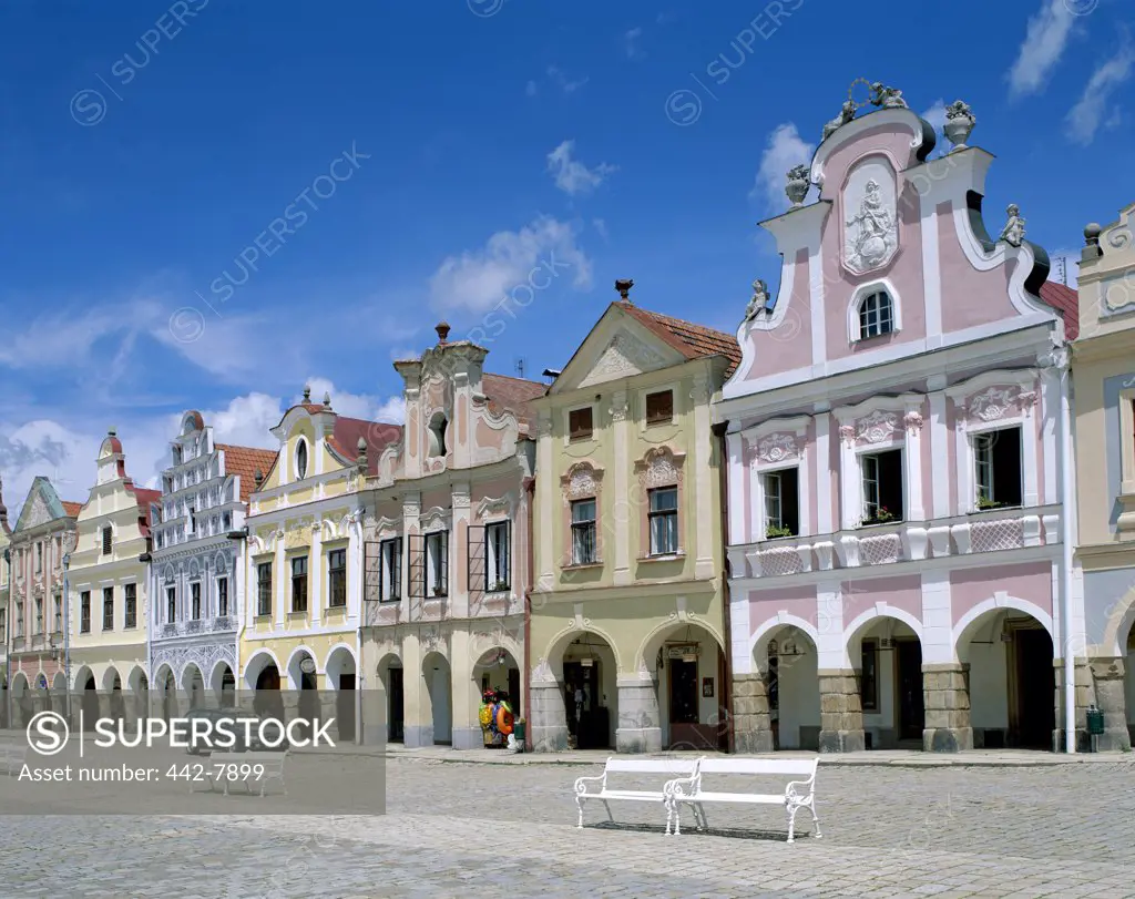 Facade of buildings at Zacharia Hradec Square, Telc, South Moravia, Czech Republic