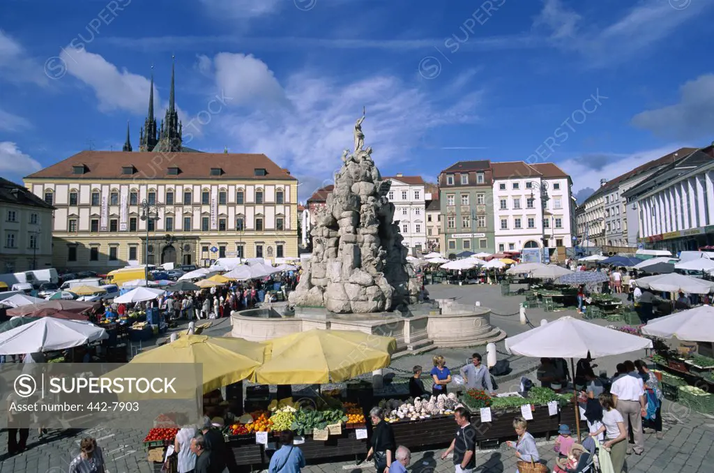 Open-air market around the Parnassus Fountain, Brno, South Moravia, Czech Republic