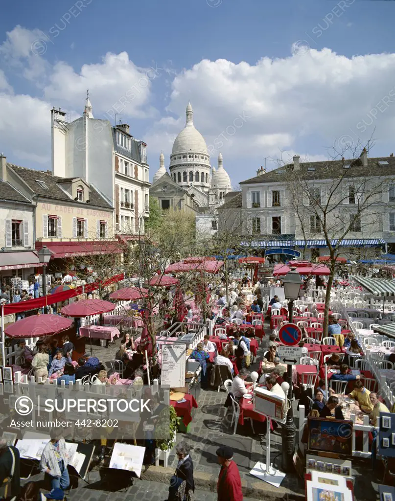 High angle view of people at an outdoor cafe, Montmartre, Paris, France