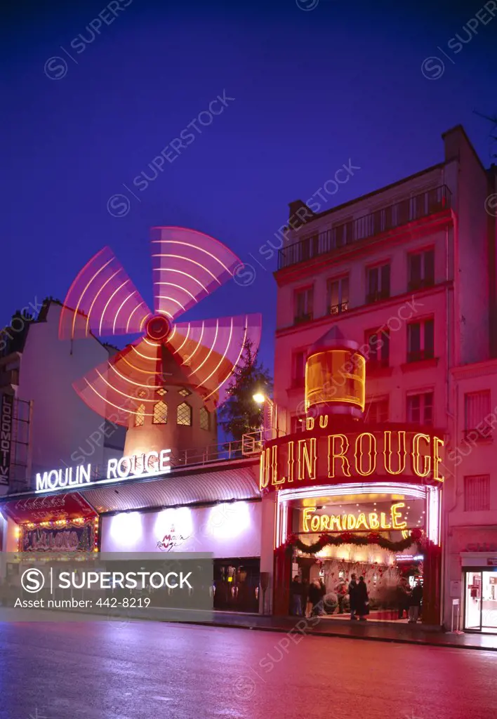 Neon lights on a building, Moulin Rouge, Paris, France