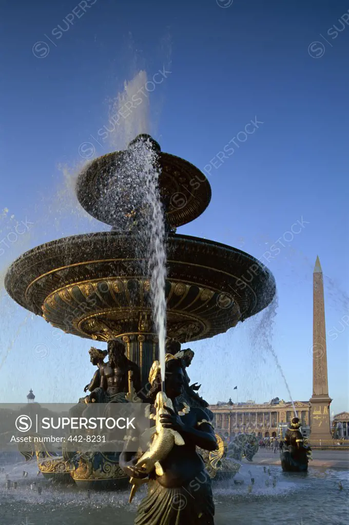 Low angle view of water fountains, Place de la Concorde, Paris, France