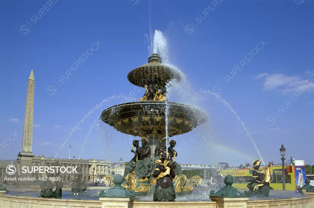 Low angle view of water fountains, Place de la Concorde, Paris, France