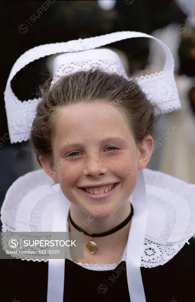 Portrait, Girl wearing Lace Headdress (Coiffes), Breton Traditional Dress, Brittany, France