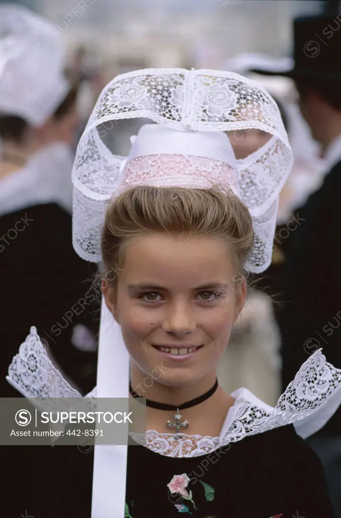 Girl wearing Lace Headdress (Coiffes), Breton Traditional Dress, Brittany, France