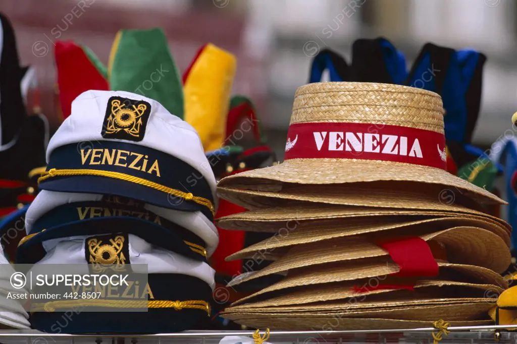 Close-up of souvenir hats and gondolier hats, Venice, Italy
