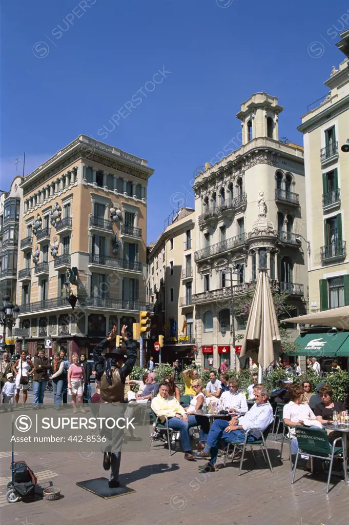 Outdoor Cafes and Street Performer, Las Ramblas, Barcelona, Catalonia, Spain