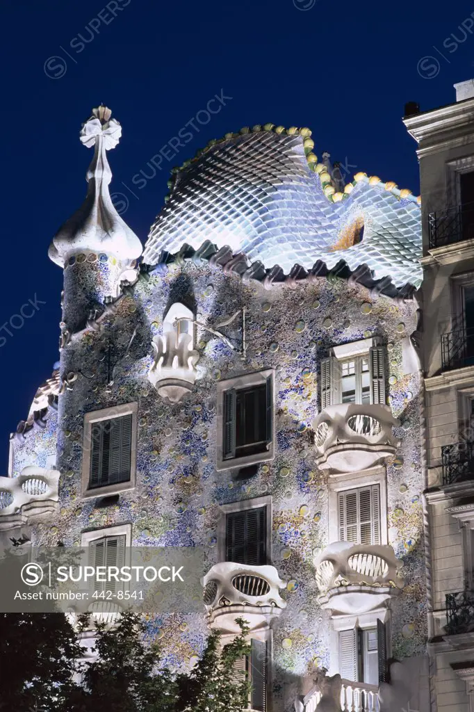 Night, Casa Batllo by Antoni Gaudi, Barcelona, Catalonia, Spain