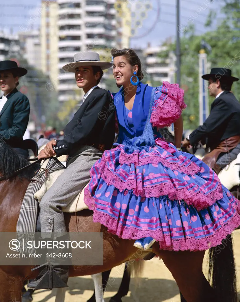 Couple Dressed in Andalusian Costume, Jerez Horse Fair, Jerez de la Frontera, Andalusia, Spain