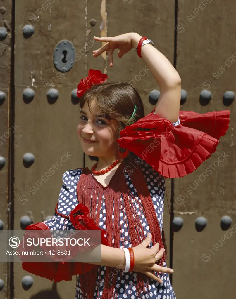 Girl Dressed in Andalusian Costume, Jerez Horse Fair, Jerez de la Frontera, Andalusia, Spain
