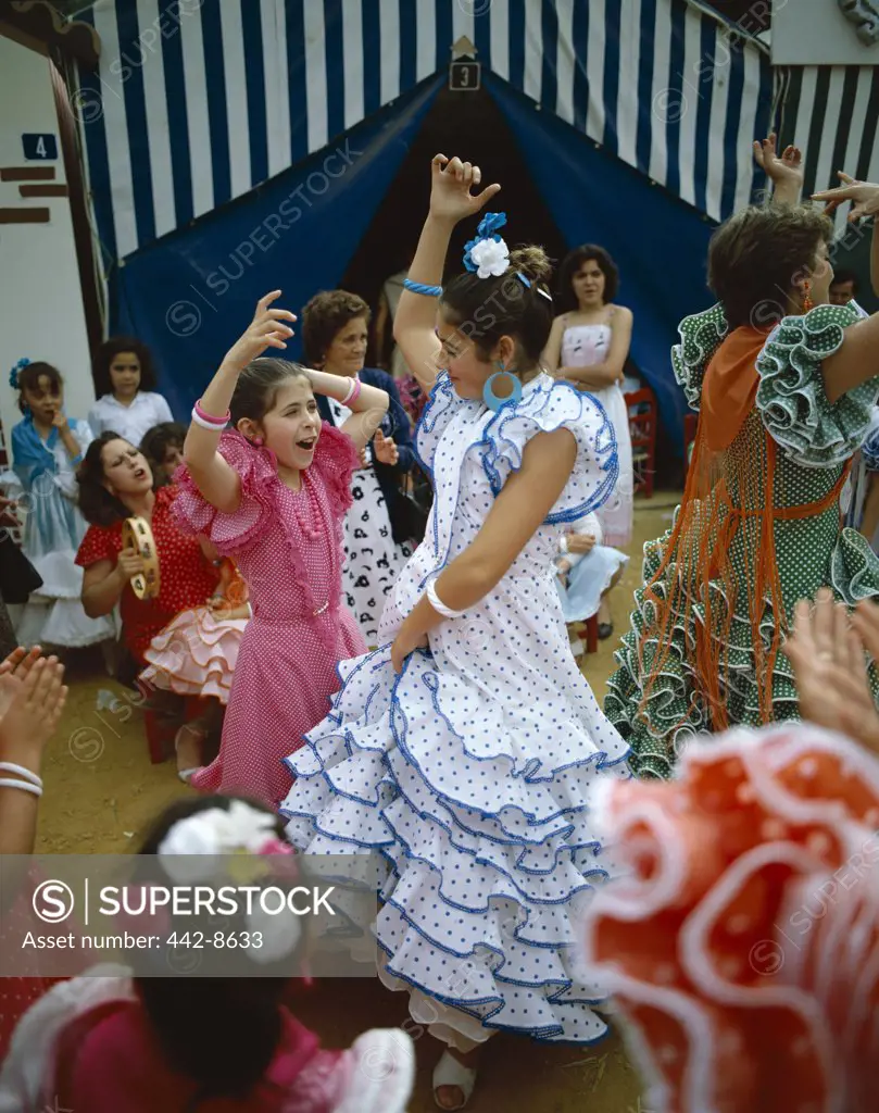 Girls Dressed in Andalusian Costume, Jerez Horse Fair, Jerez de la Frontera, Andalusia, Spain