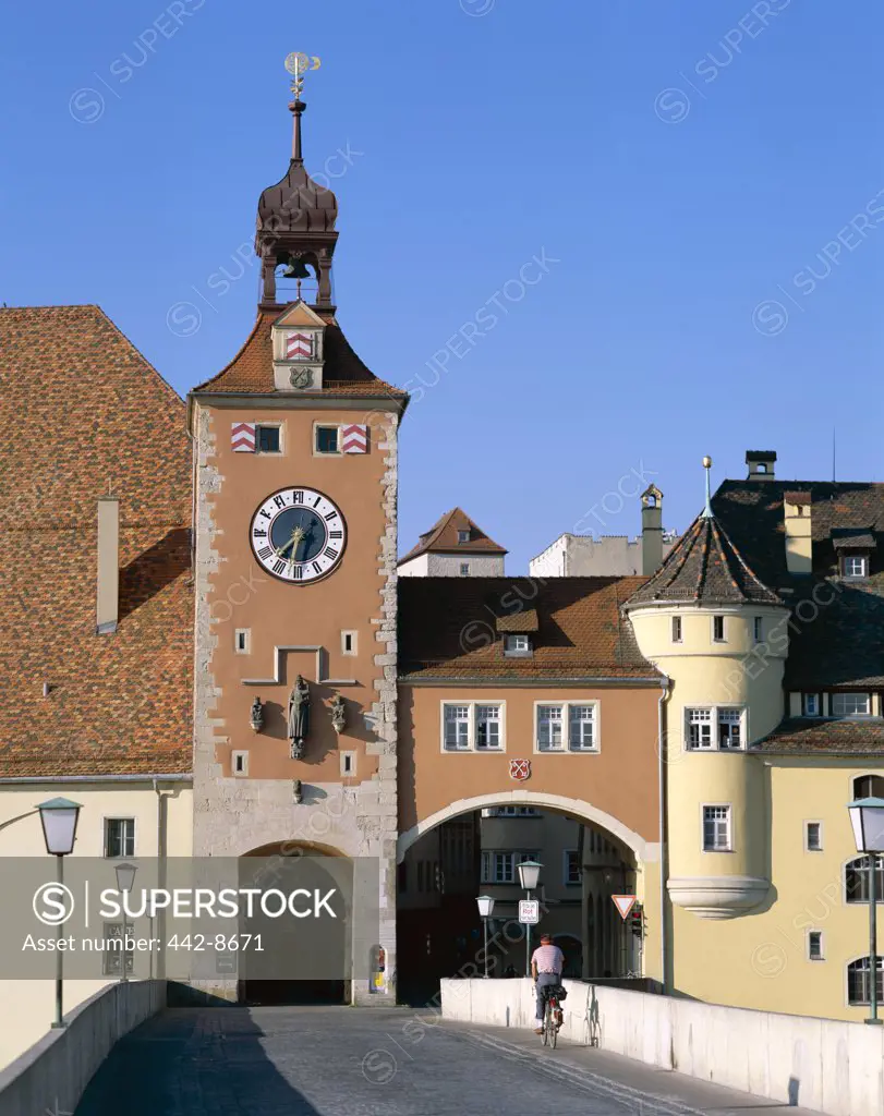 Clock Tower and Stone Bridge (Steinere Brucke), Regensburg, Lower Bavaria, Bavaria, Germany 