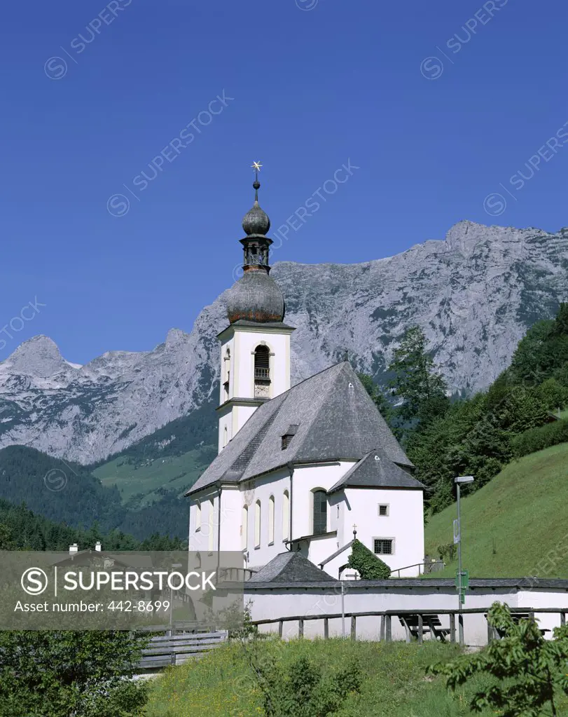 Ramsau Church and Alps Mountains, Ramsau, Berchtesgadener Land, Bavaria, Germany 