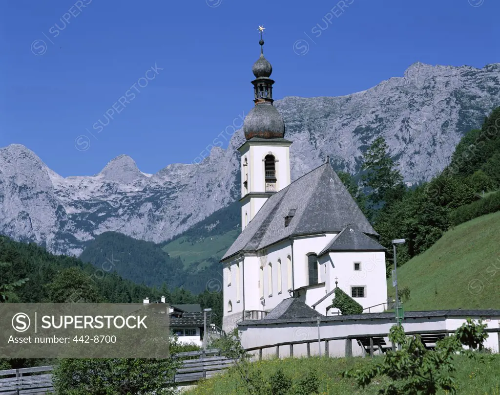 Ramsau Church and Alps Mountains, Ramsau, Berchtesgadener Land, Bavaria, Germany 