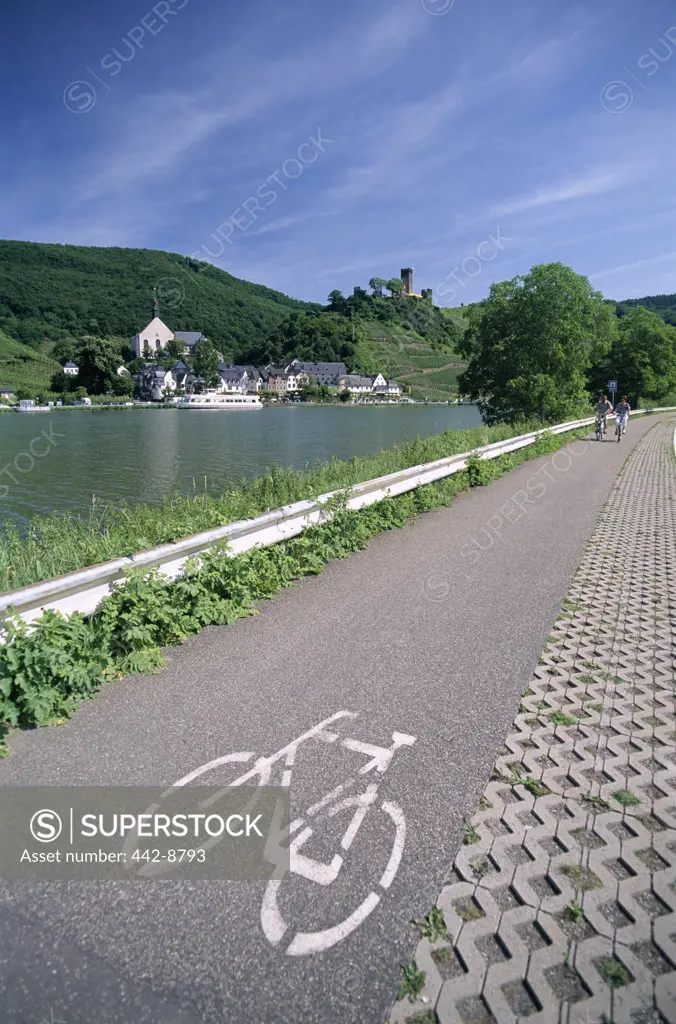 Cycle, Bicycle Path and Two Cyclists, Town View, Beilstein, Mosel Valley, Rhineland, Germany