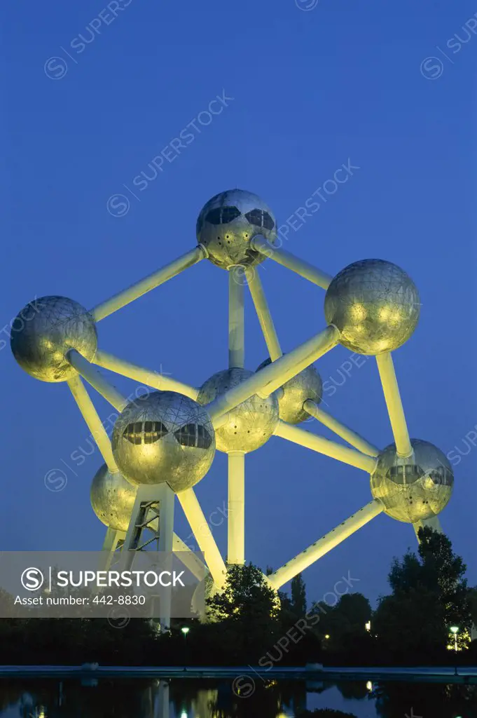 Monument lit up at dusk, Atomium, Brussels, Belgium