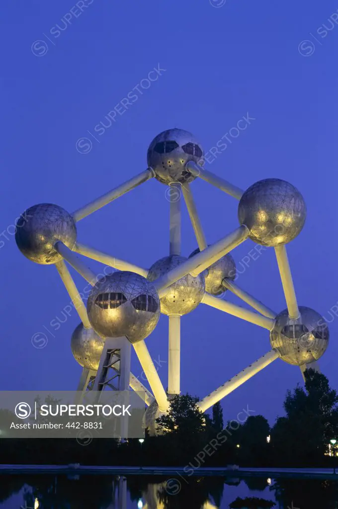 Monument lit up at dusk, Atomium, Brussels, Belgium