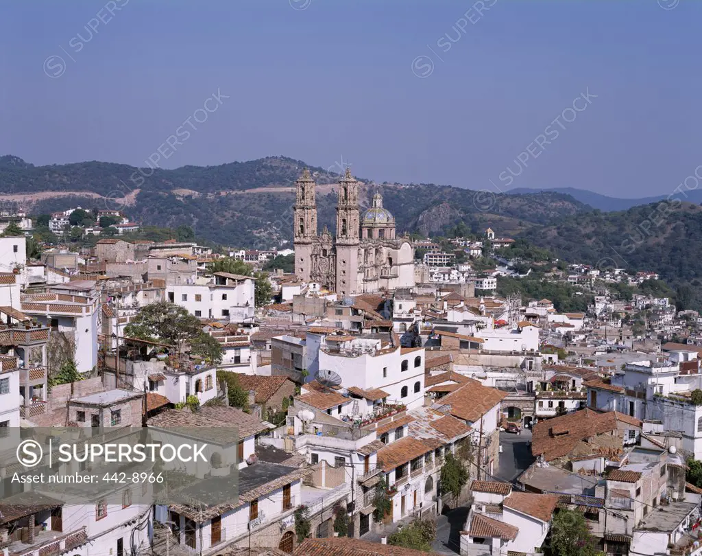 High angle view of houses and a church, Santa Prisca Church, Taxco, Mexico