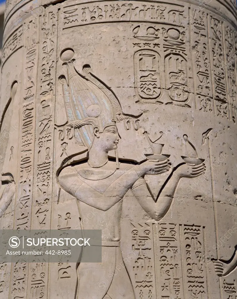 Close-up of a pillar with pictorial reliefs, Kom Ombo Temple, Kom Ombo, Egypt