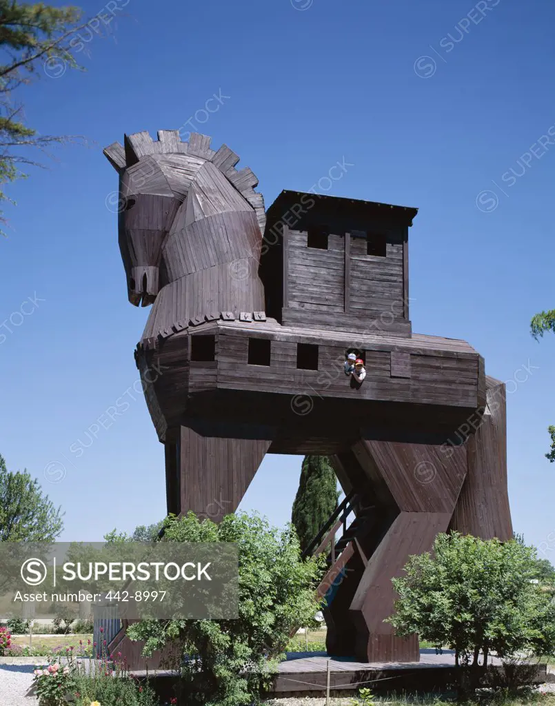 Low angle view of a Trojan Horse replica, Troy, Turkey