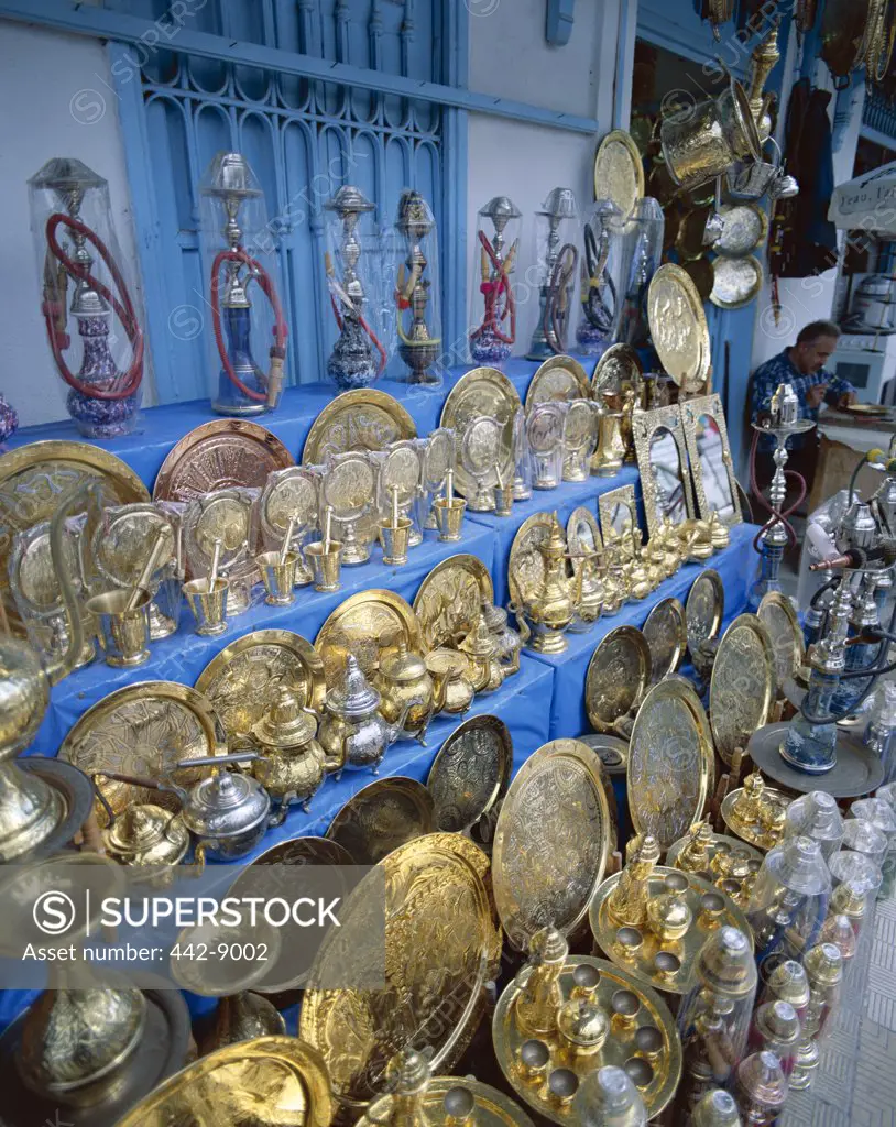 Close-up of copper goods in a shop, Nabeul, Tunisia