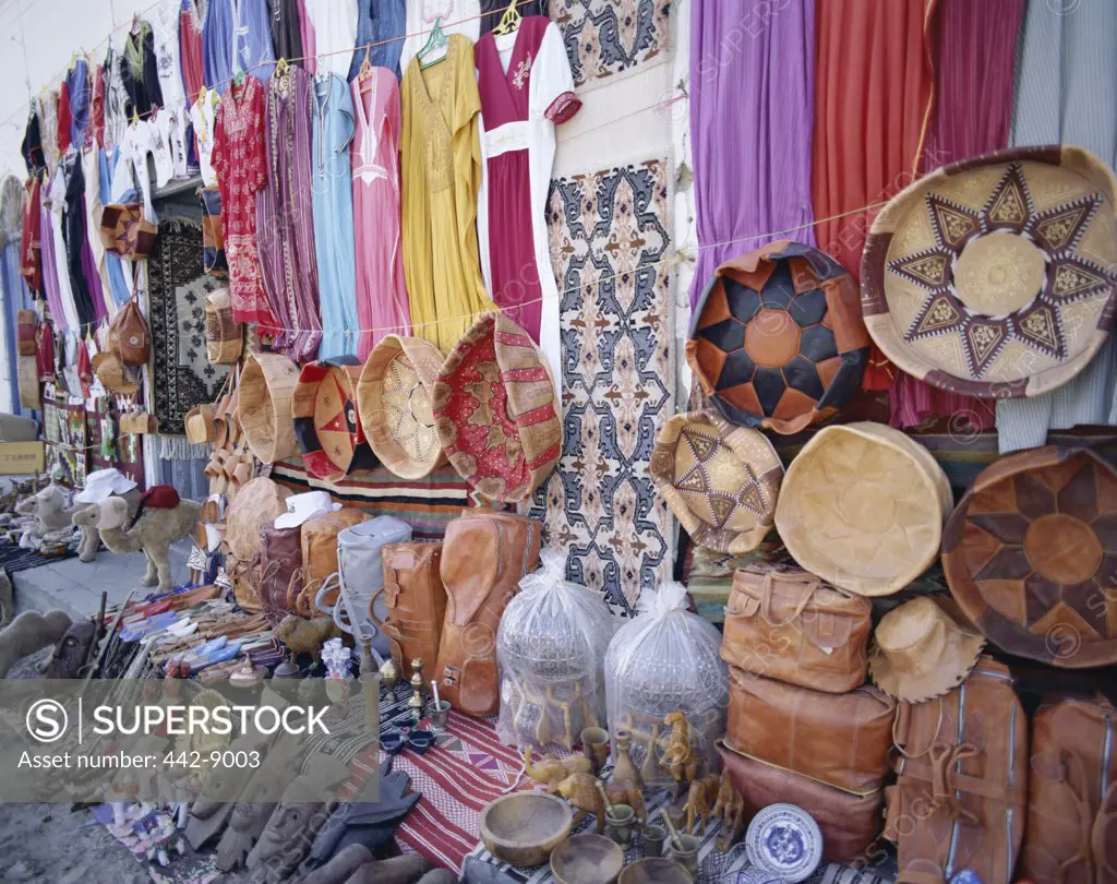 Leather products in a souvenir store, Nabeul, Tunisia